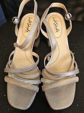 Life Stride Silver Glitter Strappy Block Heels with Rhinestone Detail